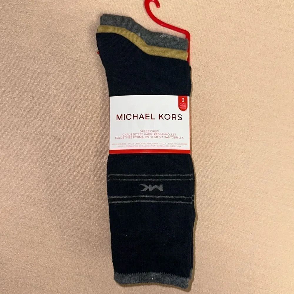 Michael Kors Men’s Pack of 3 Pairs Dress Crew Socks Navy Silver Gray Mustard